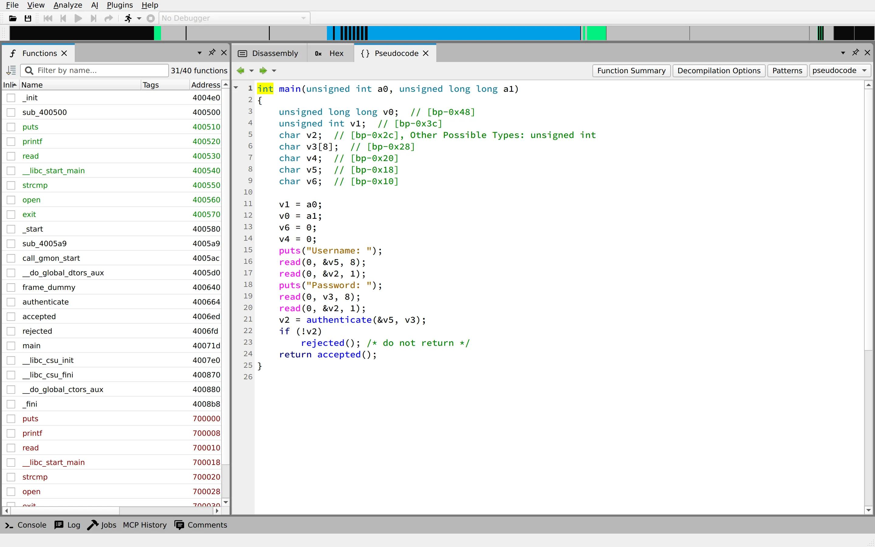 angr-management decompilation view of fauxware built from C