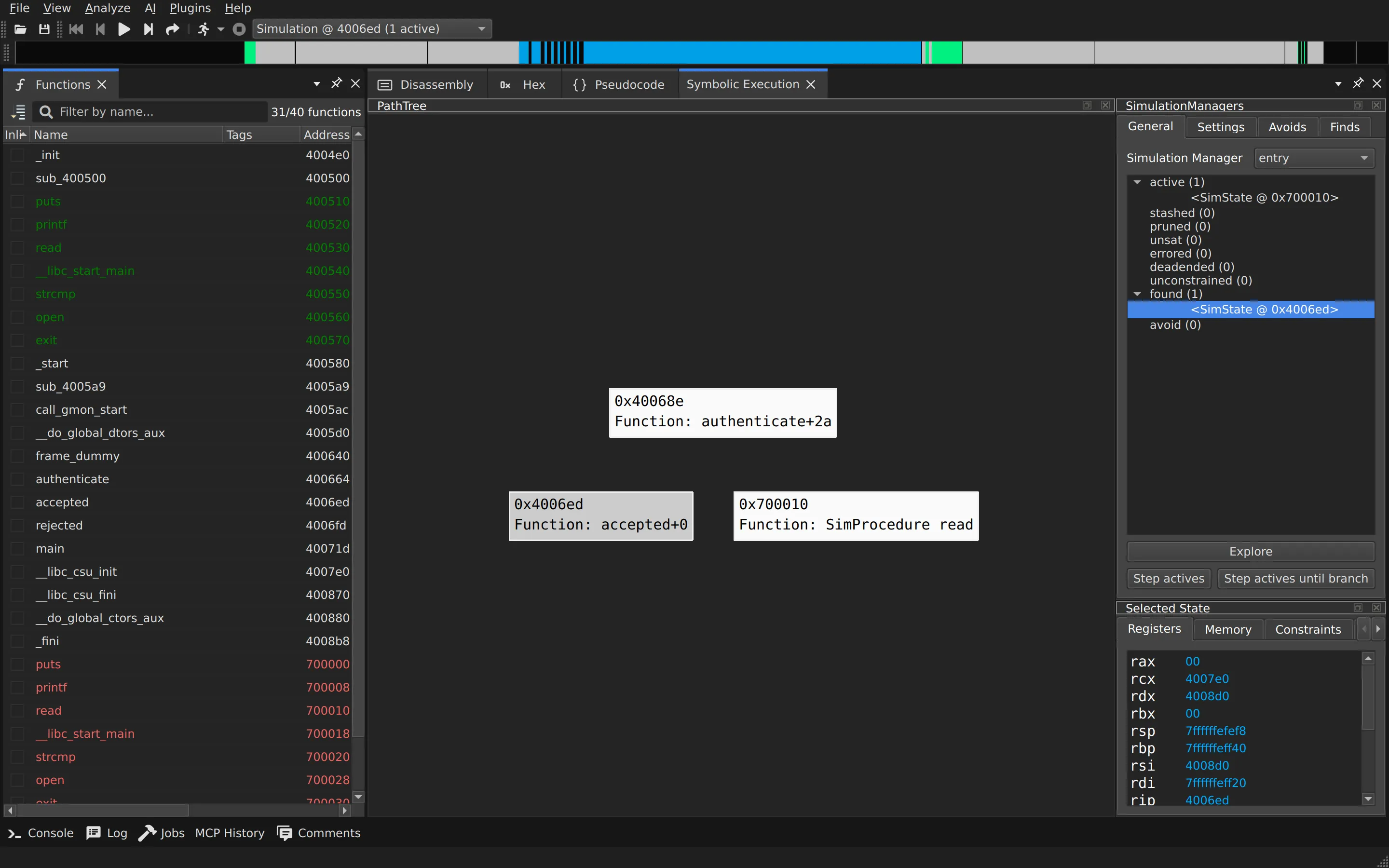 angr-management symbolic execution view of fauxware built from C