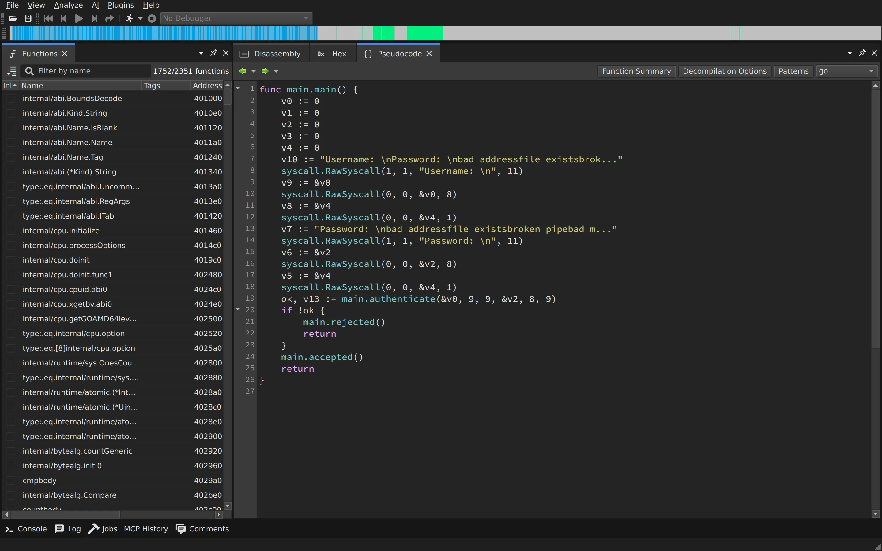 angr-management decompilation view of fauxware built from Go
