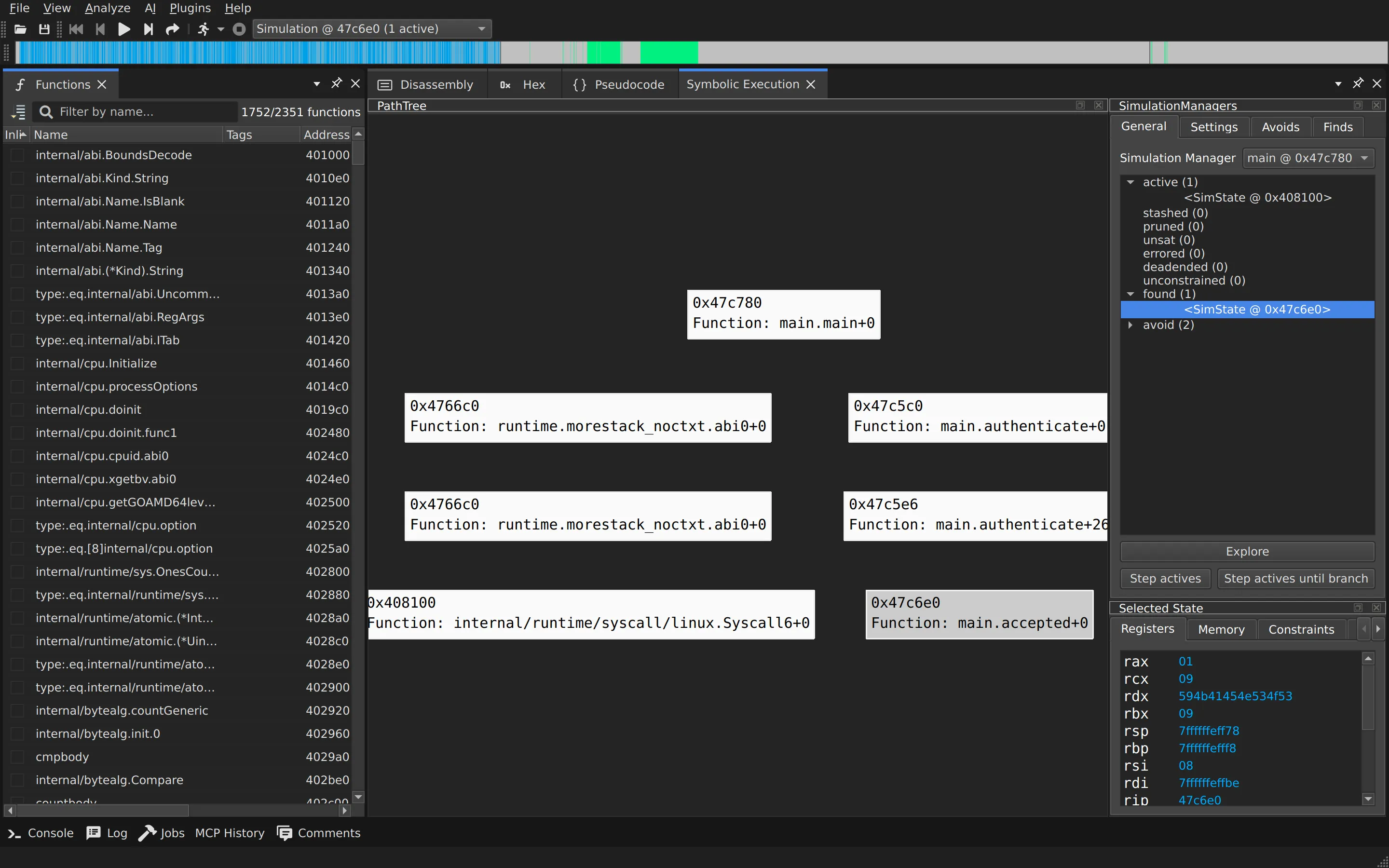 angr-management symbolic execution view of fauxware built from Go