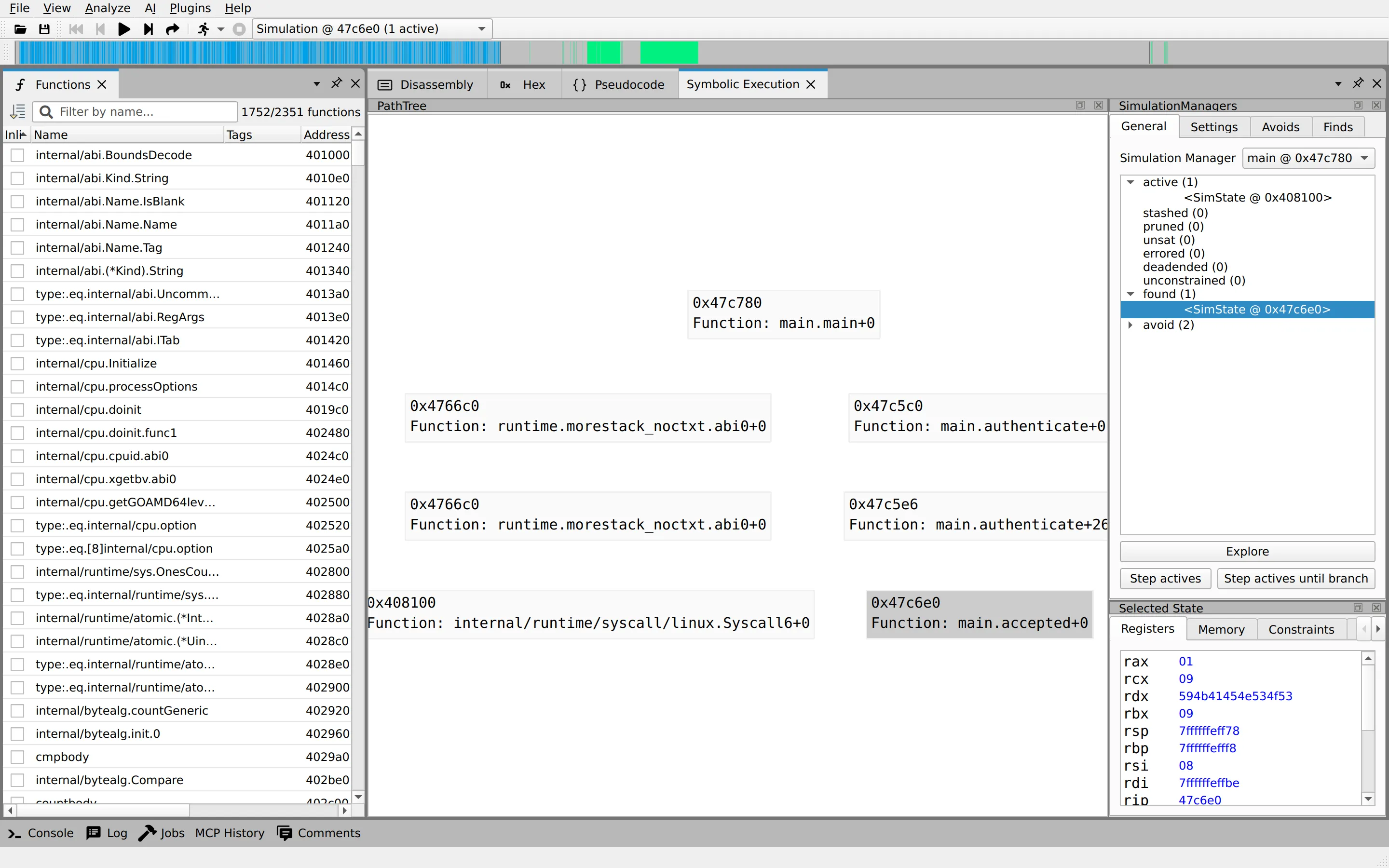 angr-management symbolic execution view of fauxware built from Go