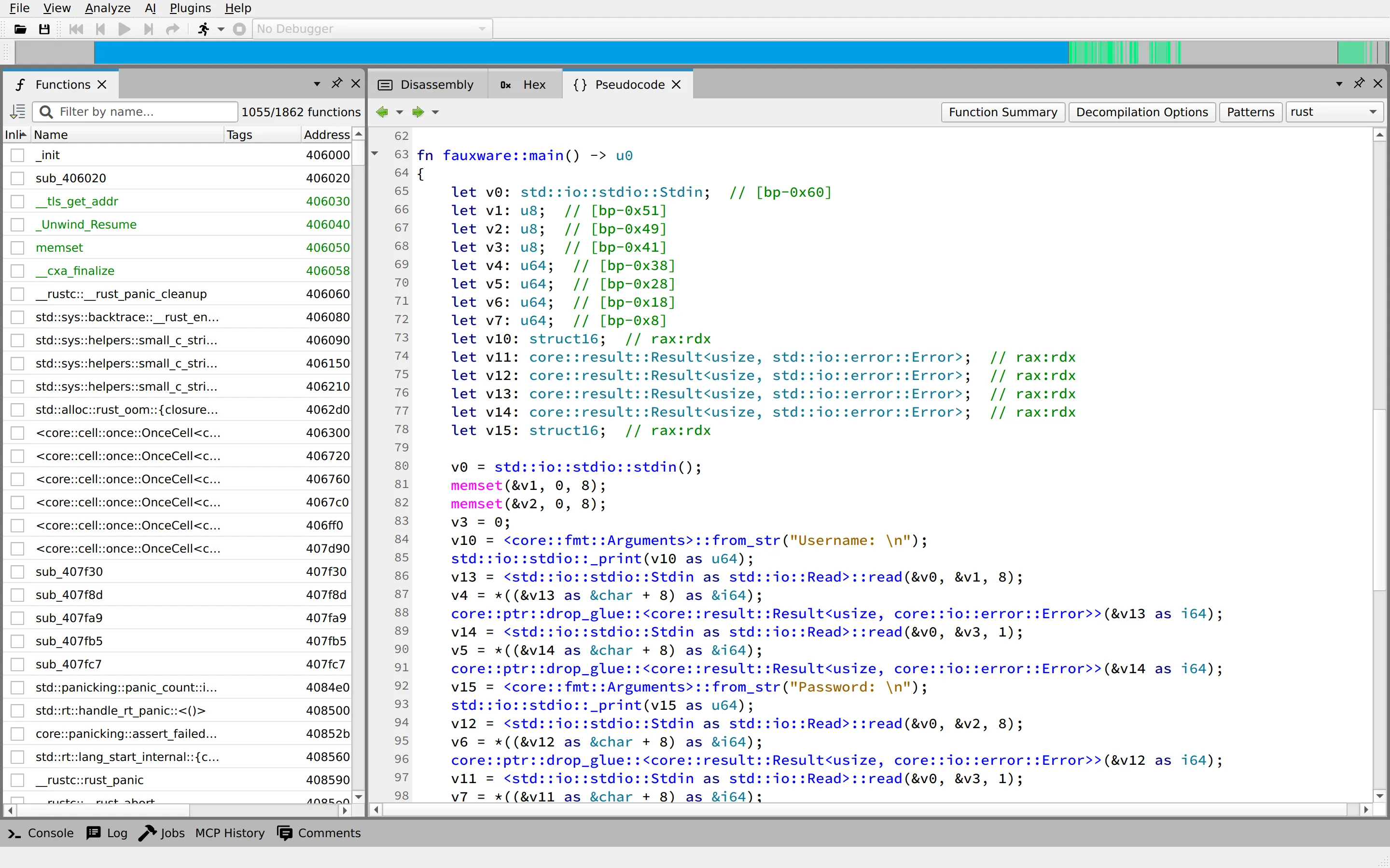angr-management decompilation view of fauxware built from Rust