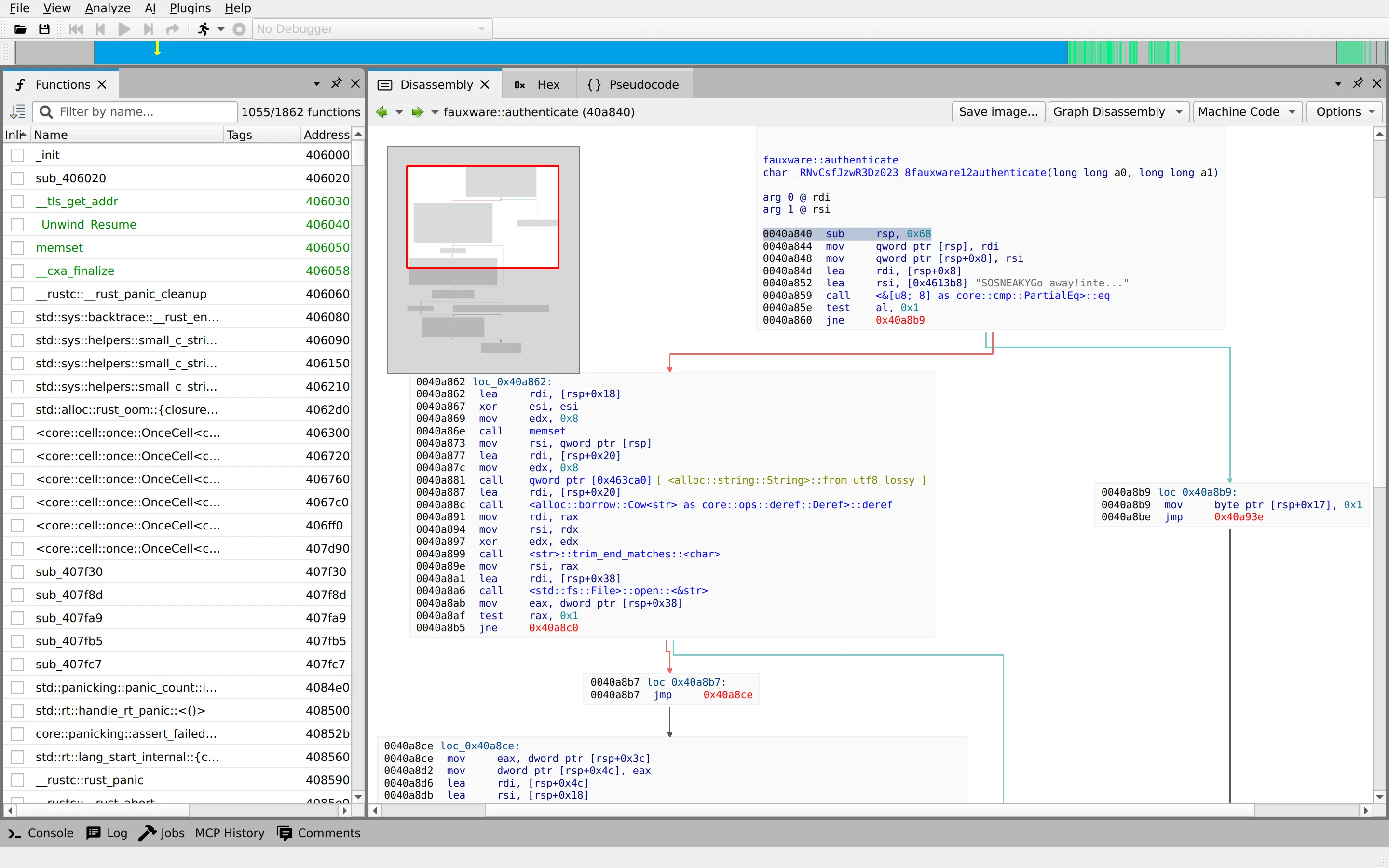 angr-management disassembly view of fauxware built from Rust